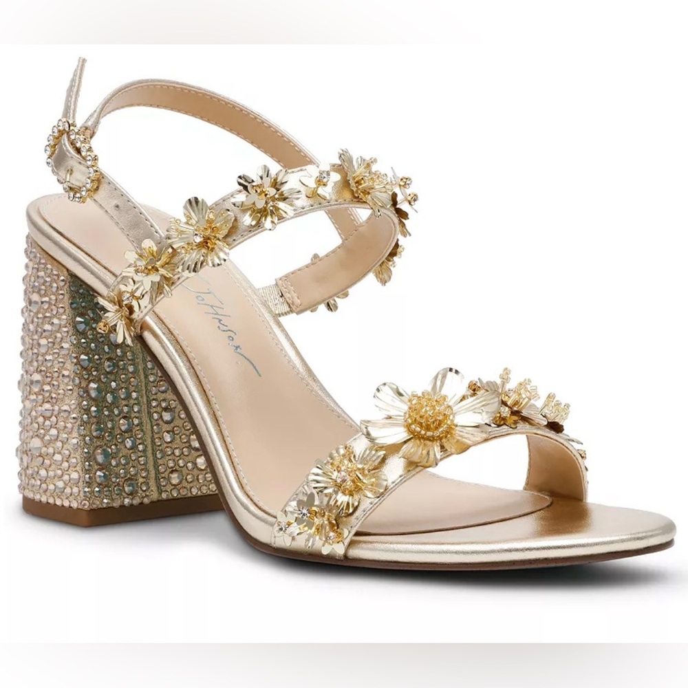 Betsey Johnson Gold Floral Crystal Block Heel Sandal